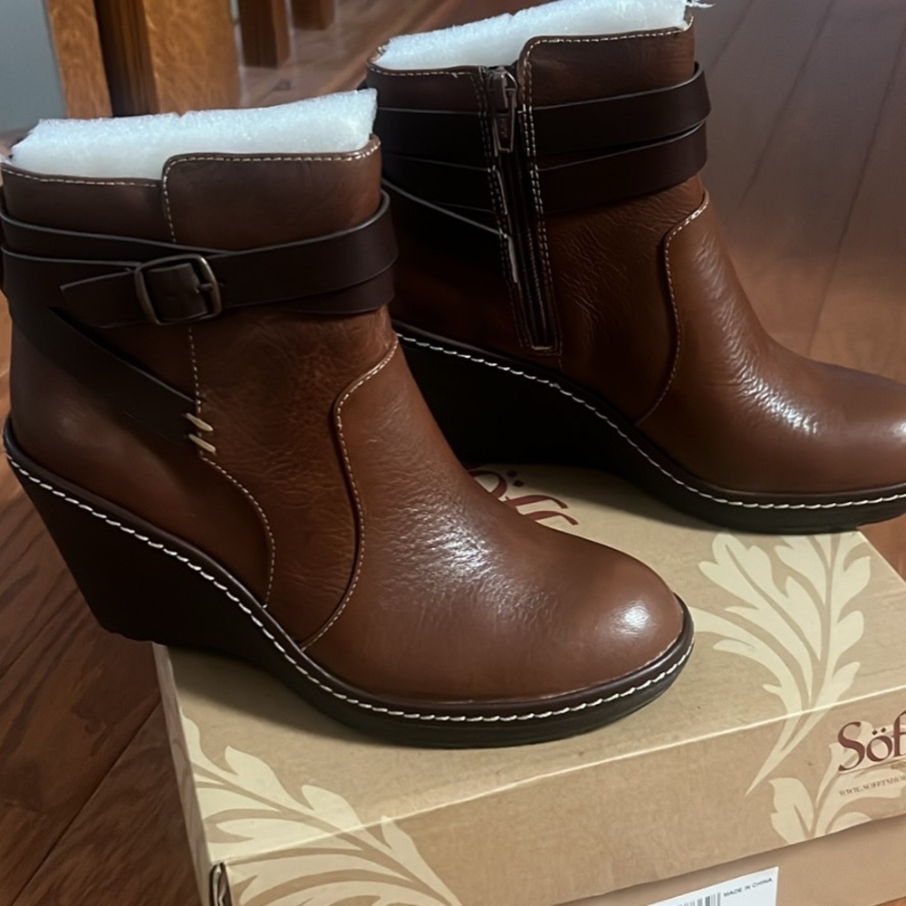 Women’s Brown Wedge Ankle Boots with Buckle Strap